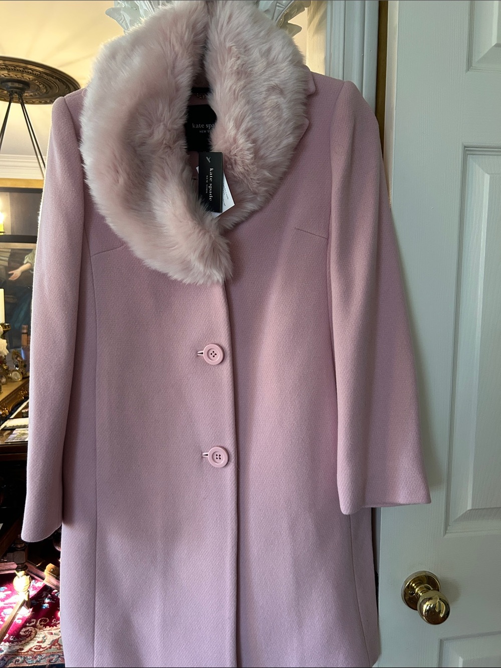 New Kate Spade  Blush Pink Wool Coat with Faux-Fur Collar